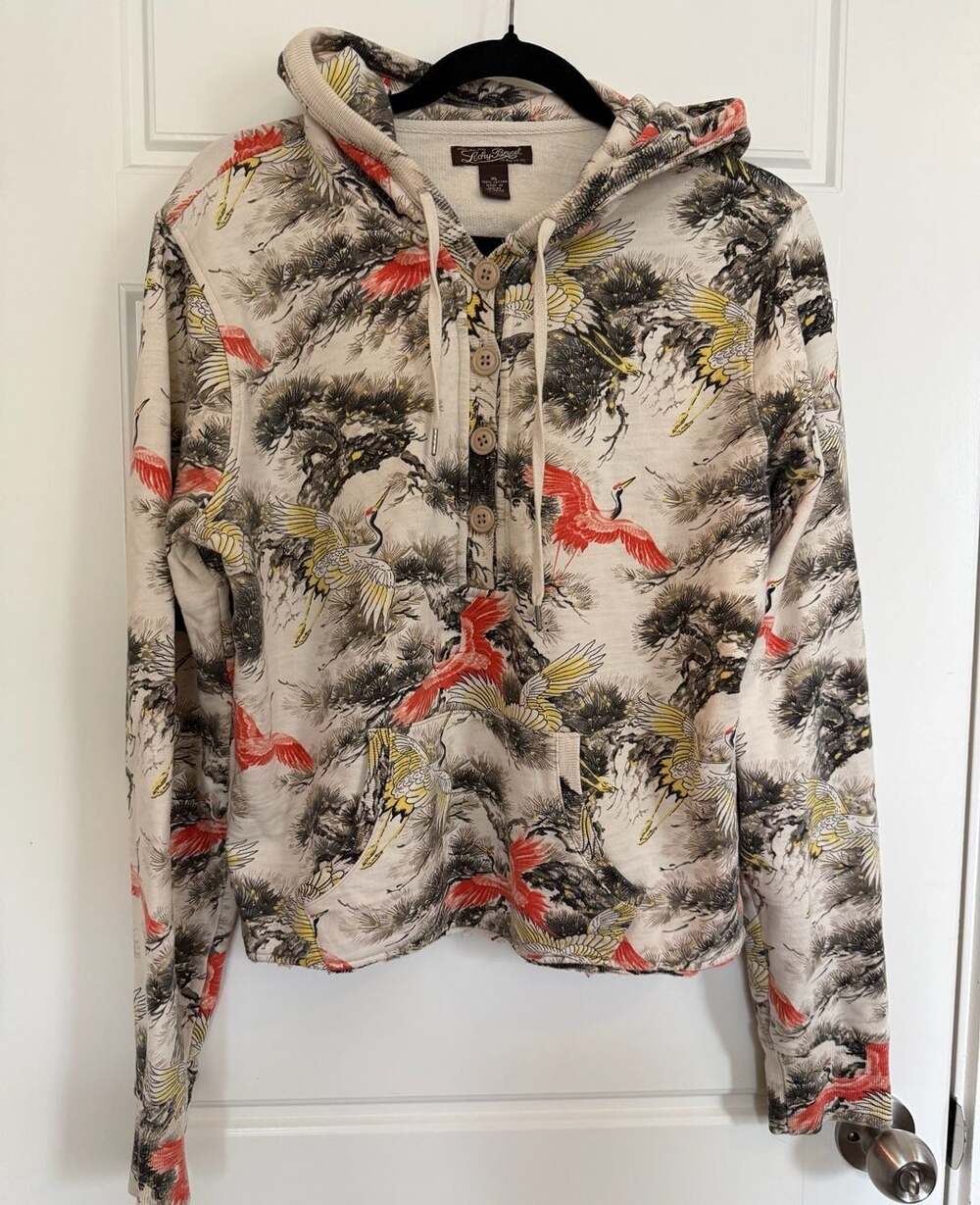 Lucky Brand Crane and Pine Tree Print Button Down Hoodie